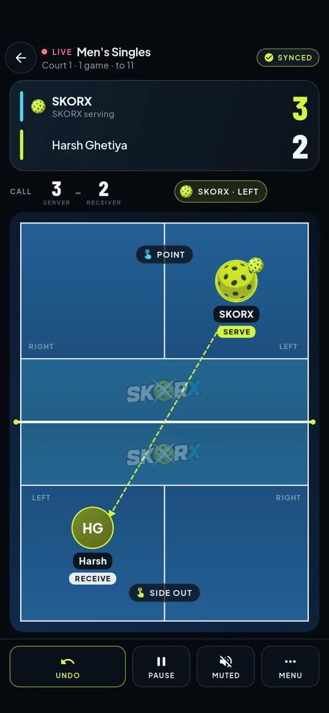 SkorX court view showing who serves and where each player stands