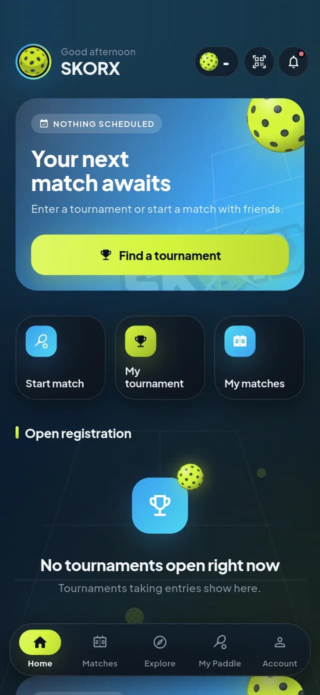 SkorX app home with Find a tournament, Start match, My tournament and My matches