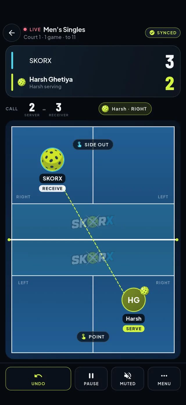 SkorX live scoring with serve and positions