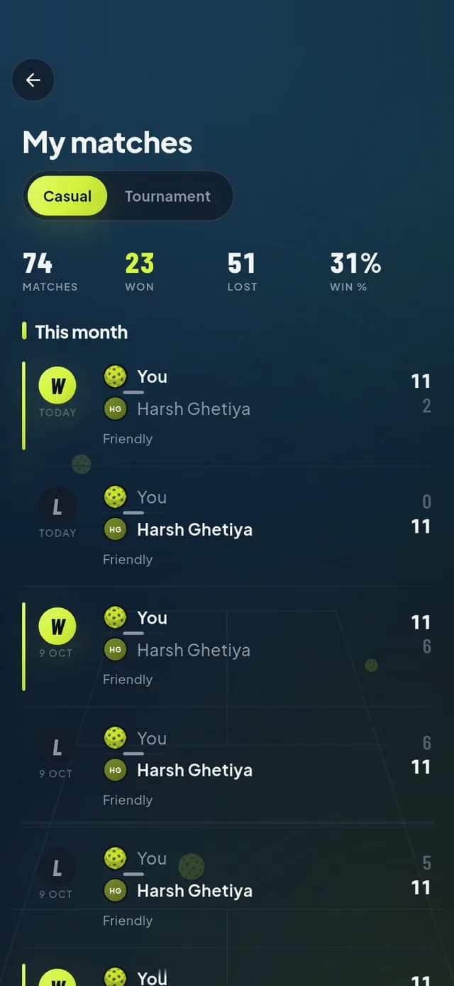 SkorX My matches: every casual result with its score, won or lost
