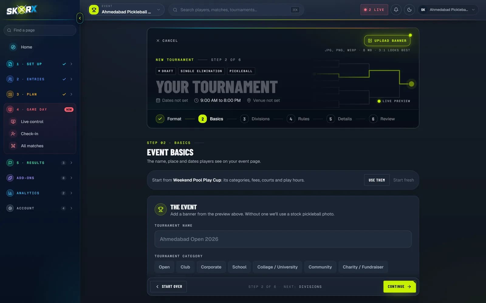 Create tournament wizard after the format: basics, divisions, rules, details and review