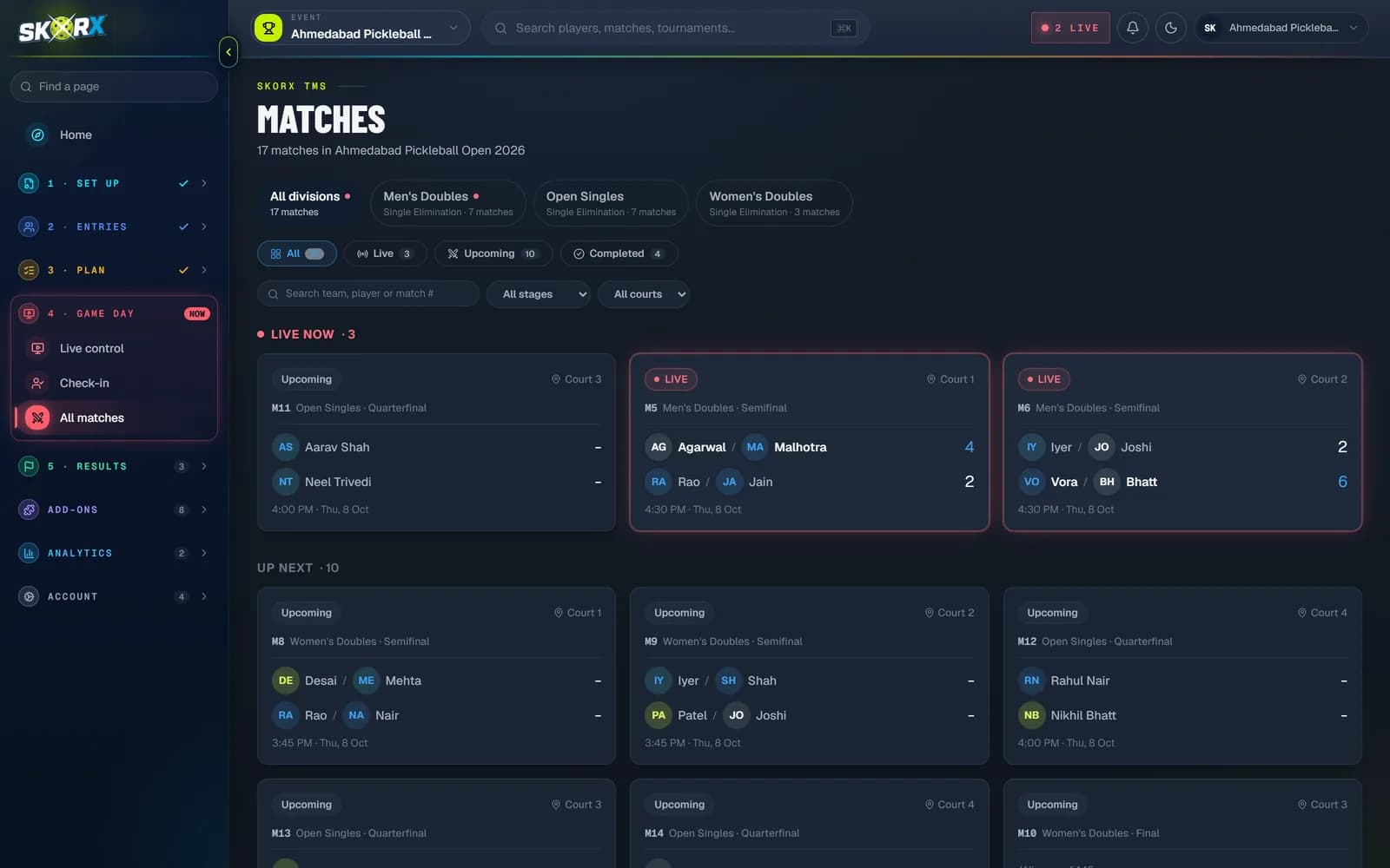 A tournament's matches: live, up next and completed, by category