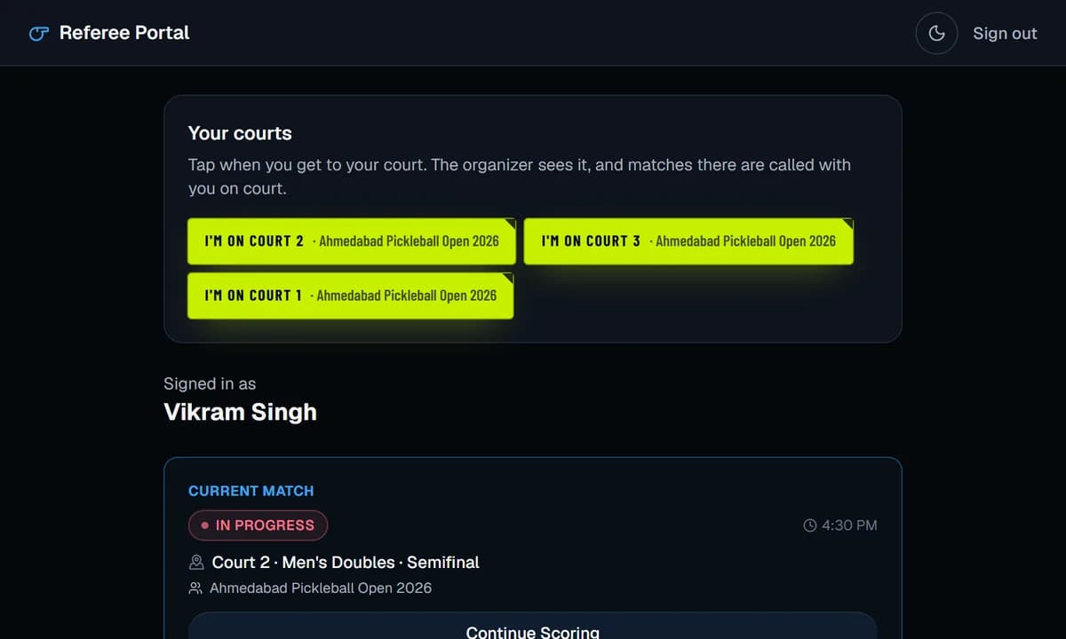 Referee portal: the courts you're on and your current match