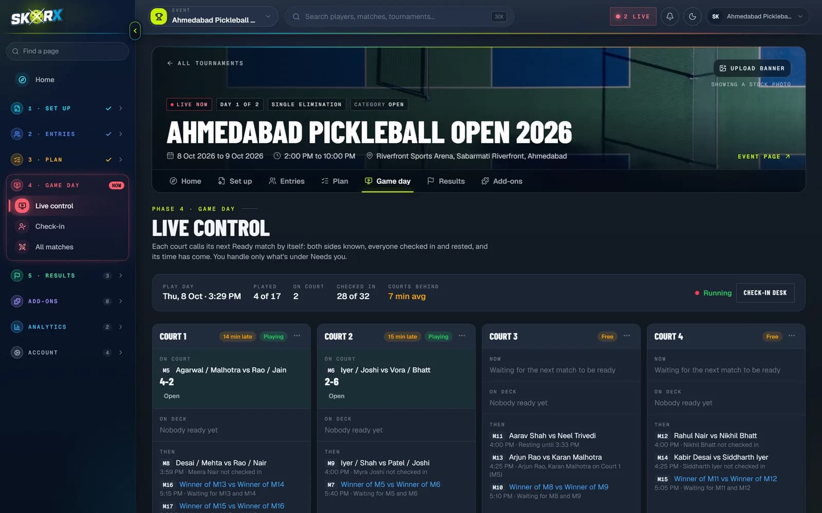 Live control on game day: each court's match on court, who is on deck and what plays next, with late courts flagged