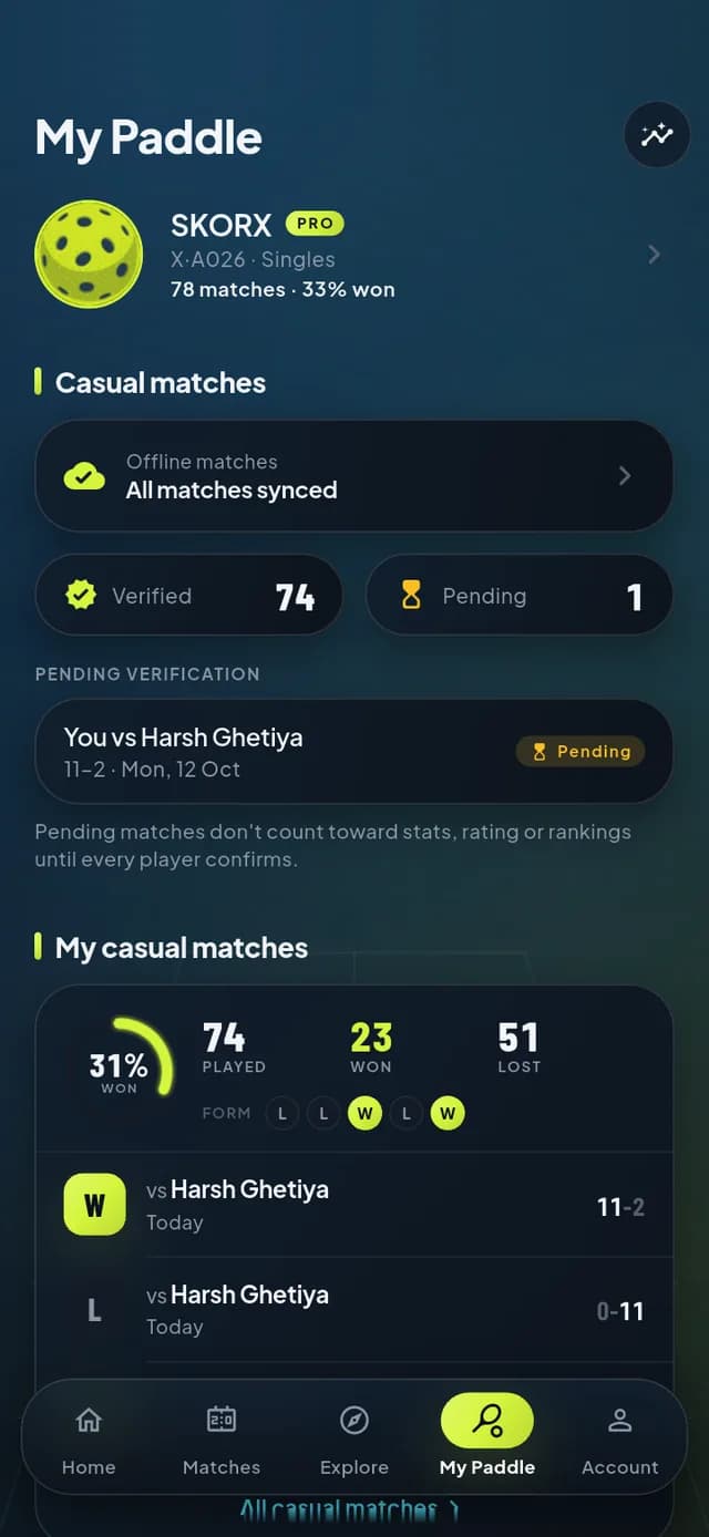 SkorX My Paddle: player profile with matches, wins and recent form