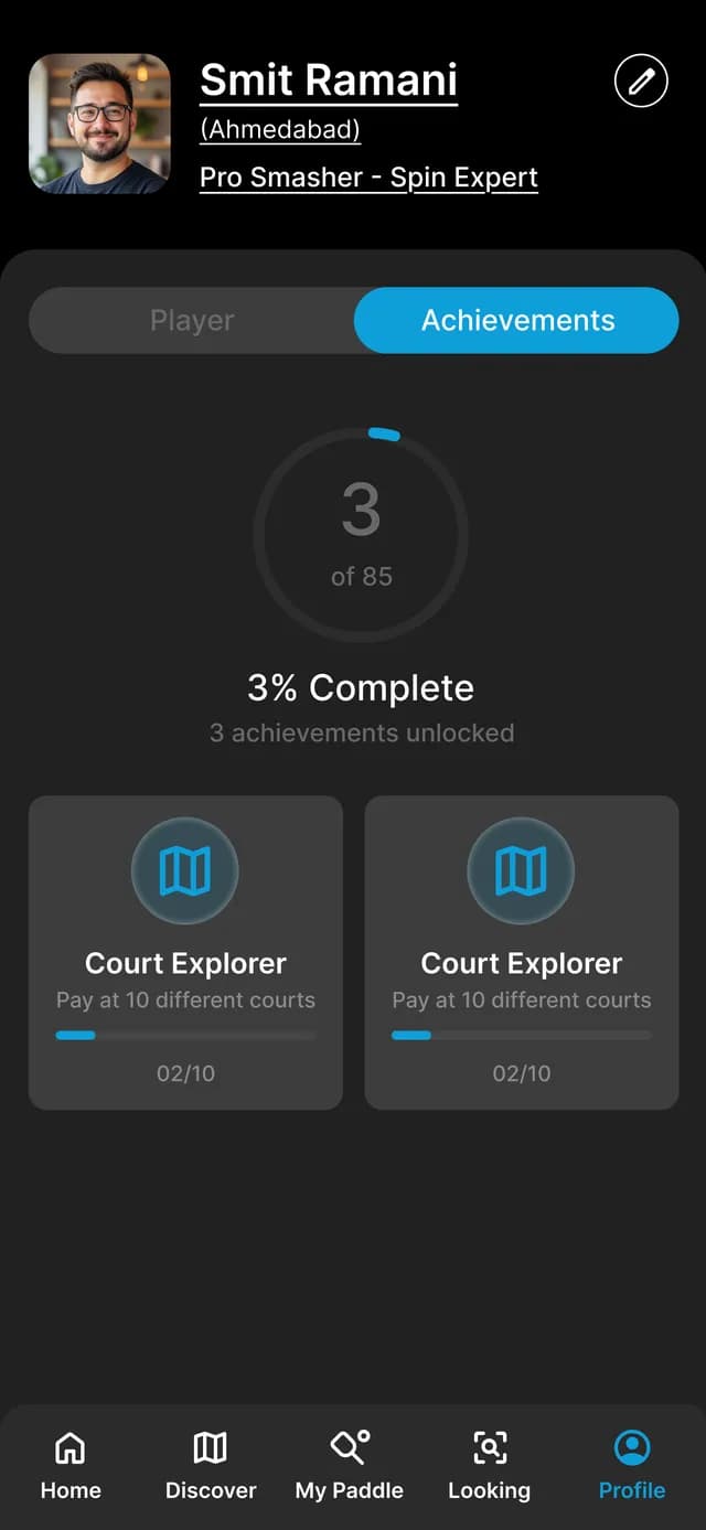 SkorX achievements screen showing Court Explorer progress