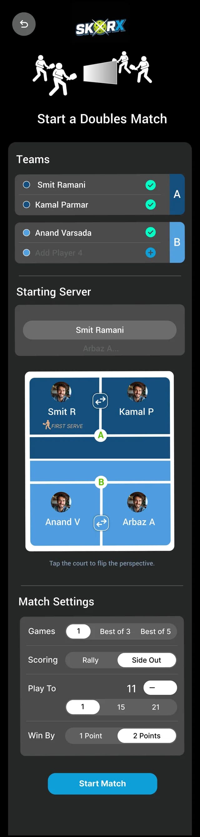 Set up teams, starting server and match rules