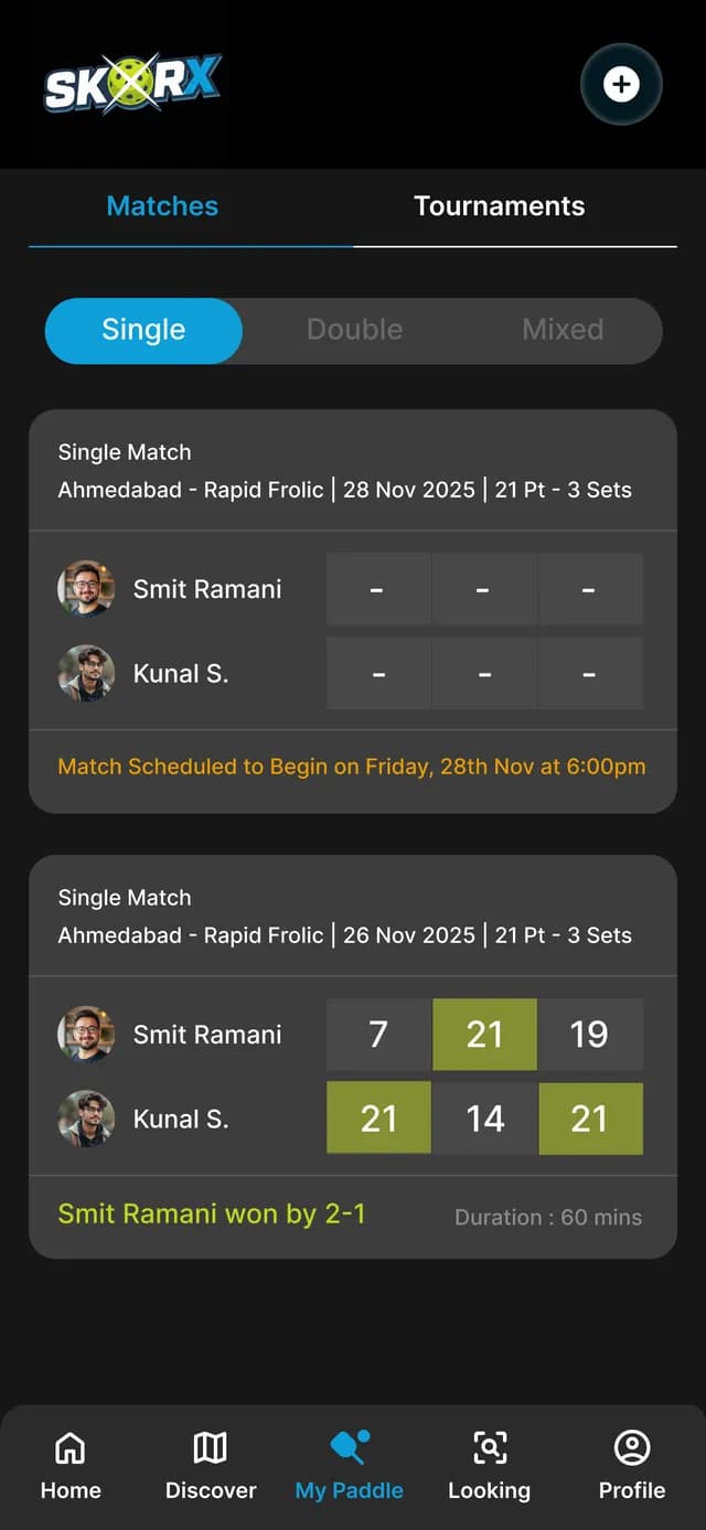 SkorX match history with the game-by-game score of every match