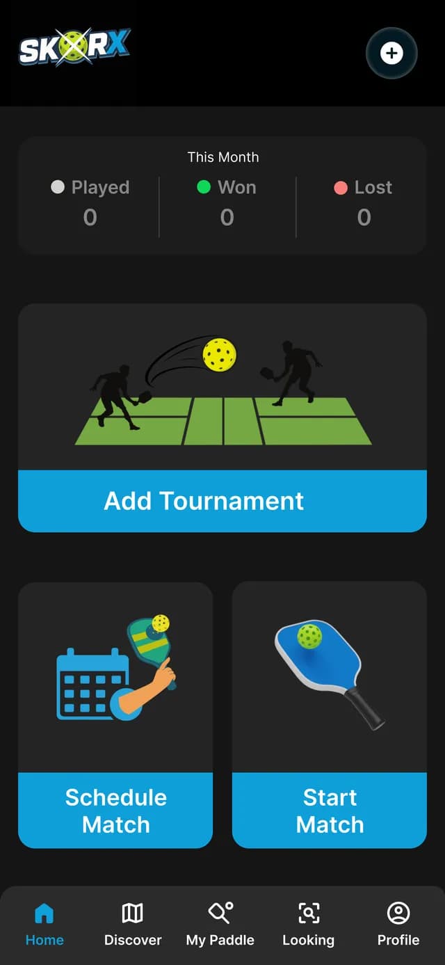 SkorX app home screen with add tournament, schedule and start match