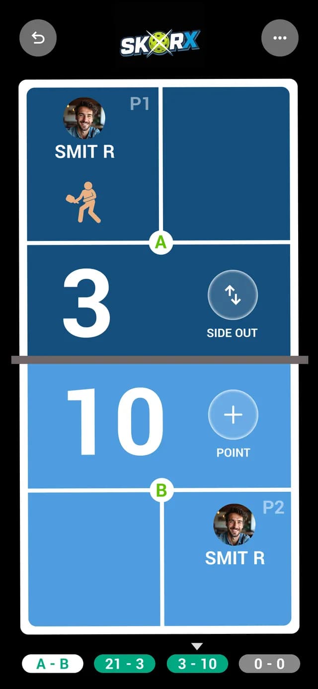 SkorX live scoring: every point updates the scoreboard as it is played