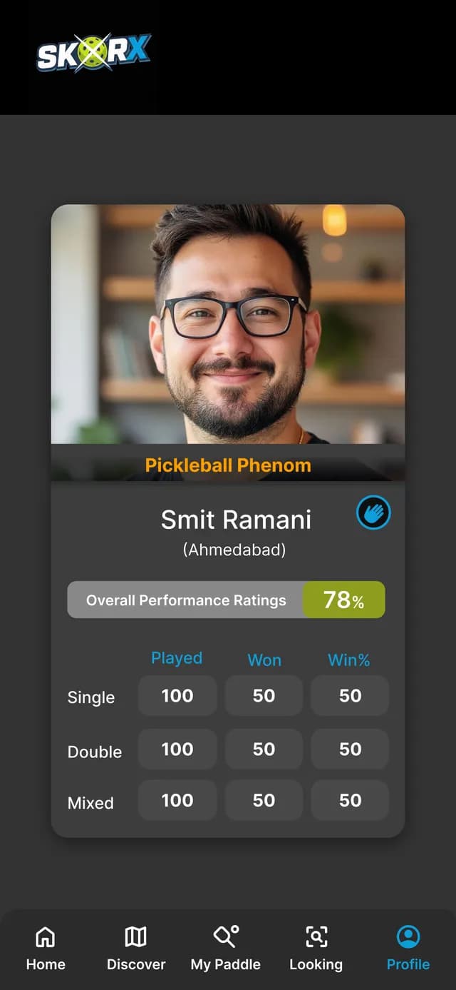 SkorX player card with played, won and win percentage for singles, doubles and mixed