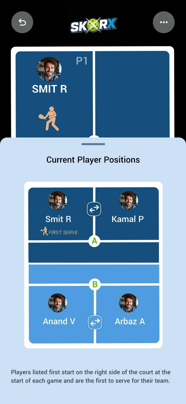 SkorX showing current player positions on court