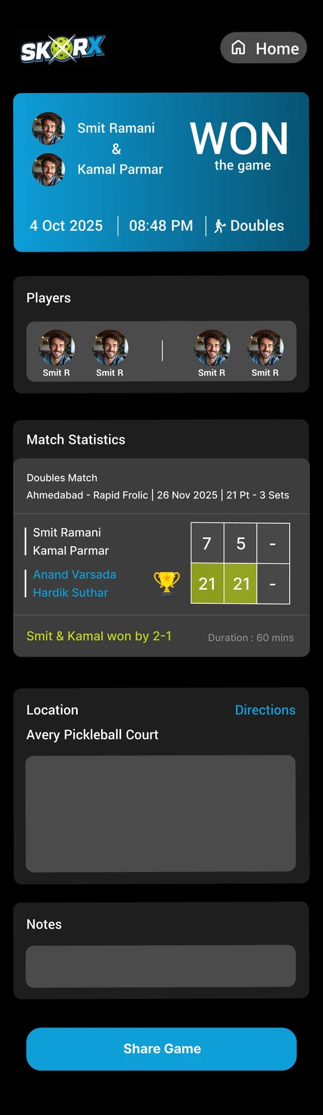 Match result and statistics