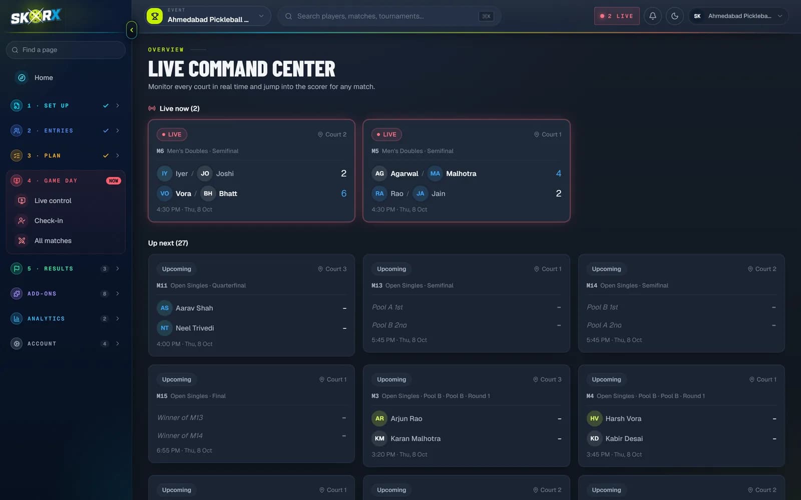SkorX Live Command Center: matches live now with their scores, and every match up next by court and time