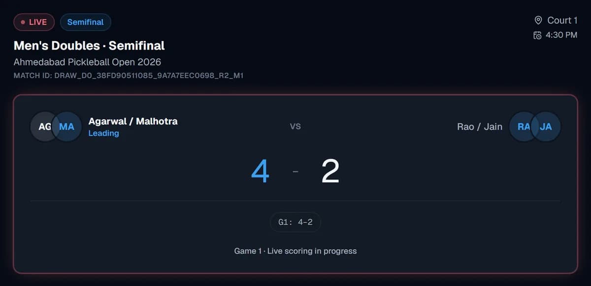Public match page with the live score, game by game