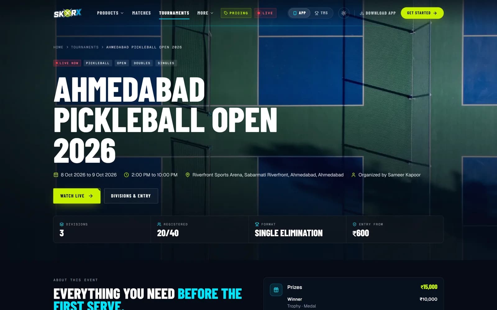 Public tournament page: live now, dates, venue, divisions, entries and prizes