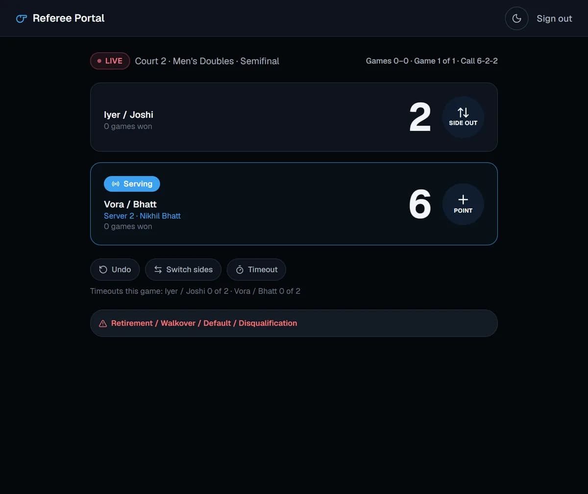 Referee scoring console: who is serving, the score call, and point or side-out buttons
