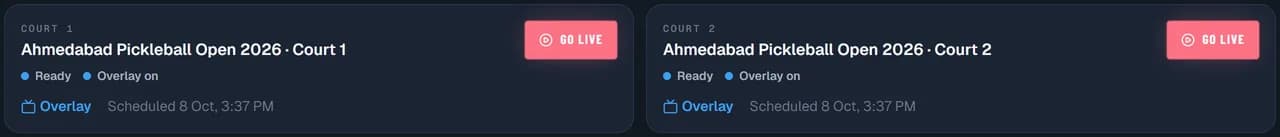 SkorX TMS live streaming: Court 1 and Court 2 streams ready to go live, score overlays on