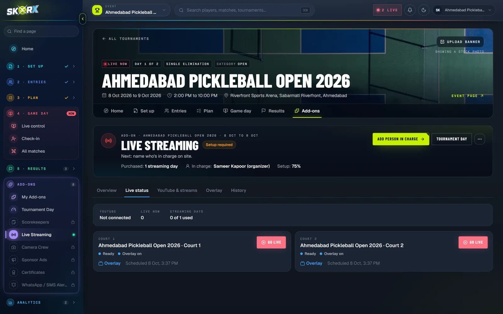 Live streaming add-on: a stream for each court with its score overlay, ready to go live